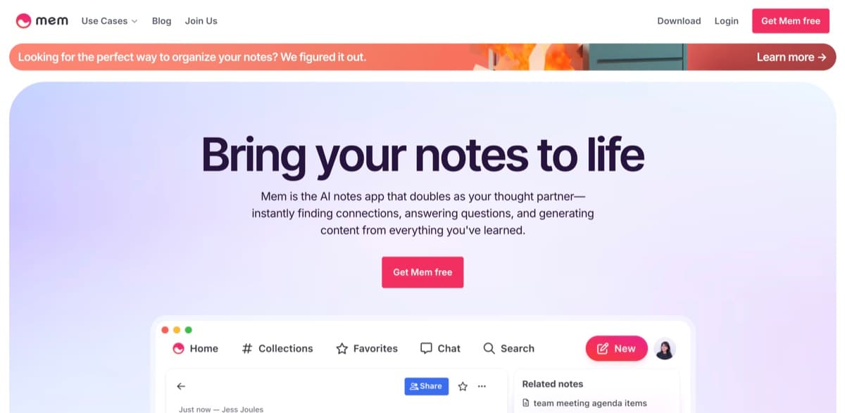 Mem screenshot - Productivity interface and features overview