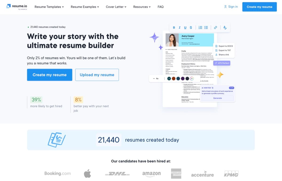 Resume.io screenshot - Productivity interface and features overview