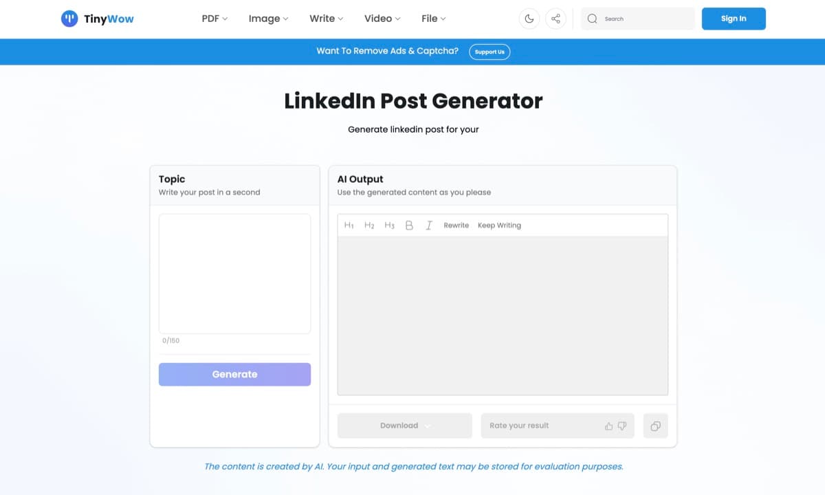 TinyWow screenshot - Productivity interface and features overview