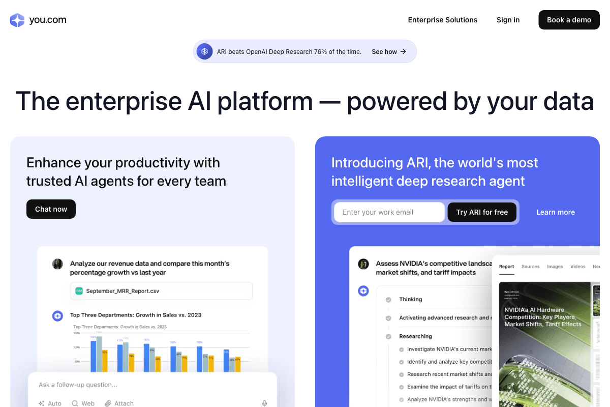 You.com screenshot - Research & Analysis interface and features overview