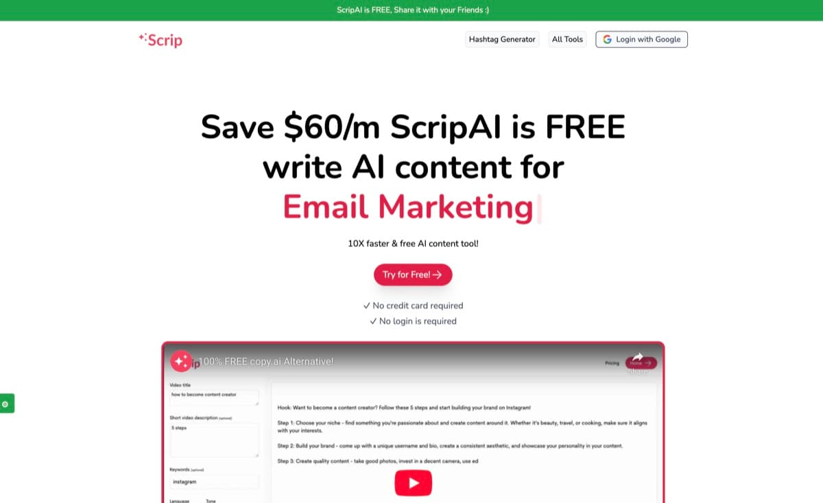 ScripAI screenshot - Content Creation interface and features overview