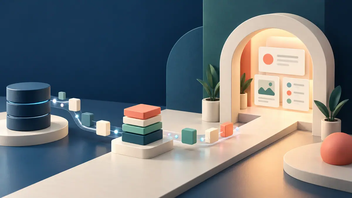 Abstract data tiles flow through a welcoming portal-shaped doorway beside a few neatly arranged page cards.
