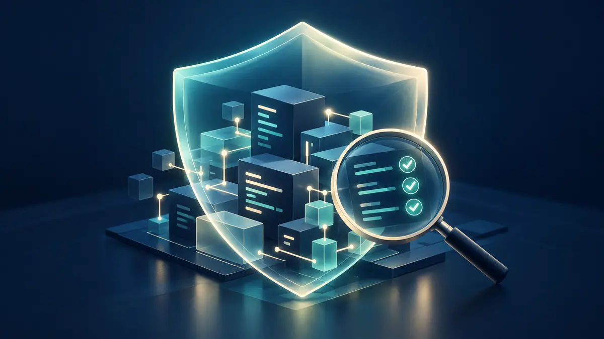 A glowing protective shield and magnifying glass inspect abstract code-like blocks against a dark navy background.