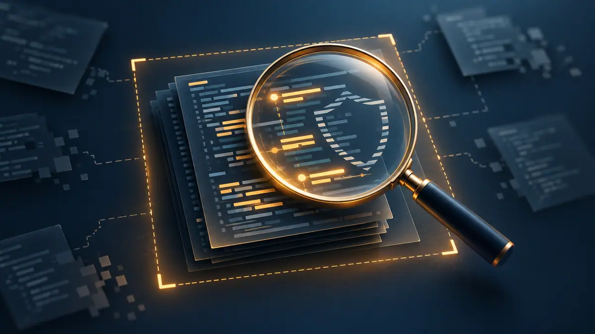 A magnifying glass highlights evidence on abstract code sheets within a boundary, with a subtle shield shape and unresolved fragments nearby.