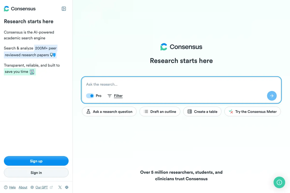 Consensus screenshot - Research & Analysis interface and features overview