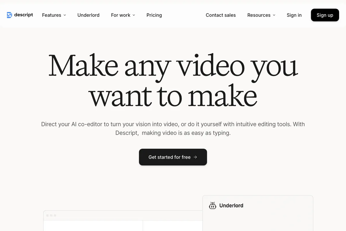 Descript screenshot - Video & Animation interface and features overview