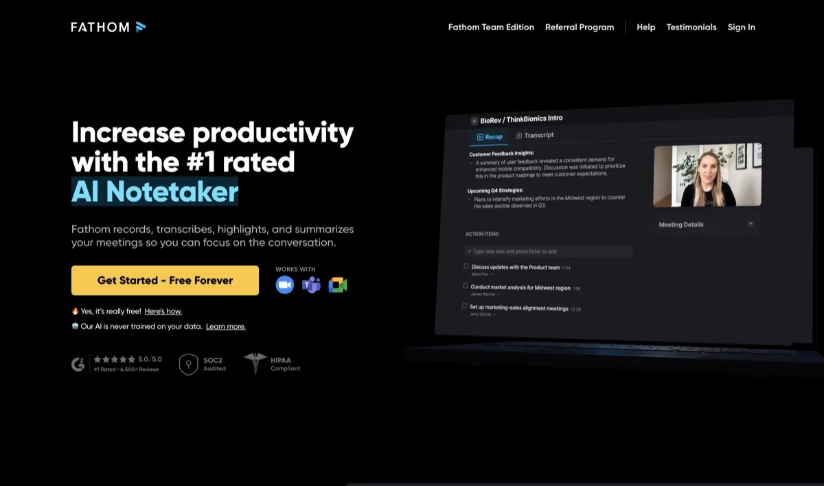 Fathom screenshot - Productivity interface and features overview