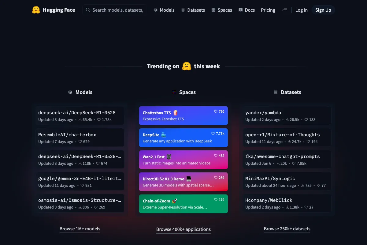 Hugging Face screenshot - Development interface and features overview