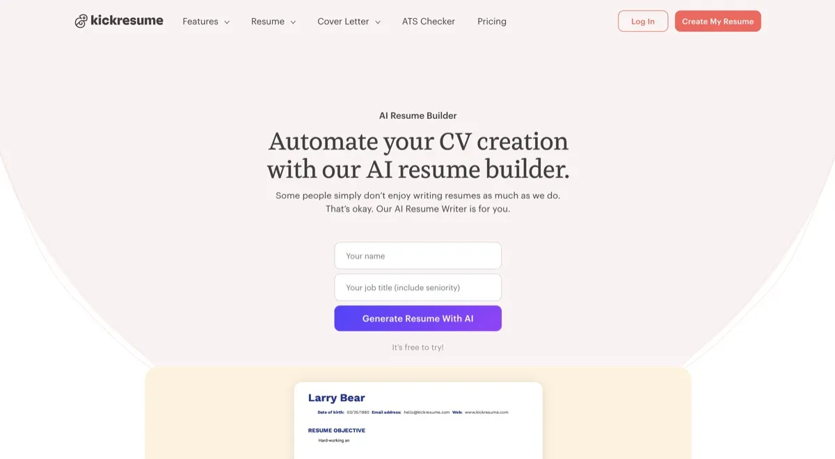 Kickresume screenshot - Productivity interface and features overview