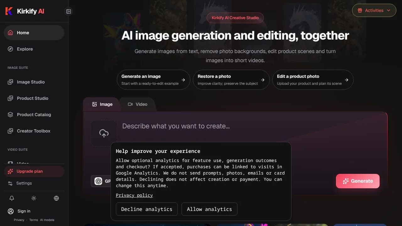 Kirkify AI screenshot - Image Generation interface and features overview