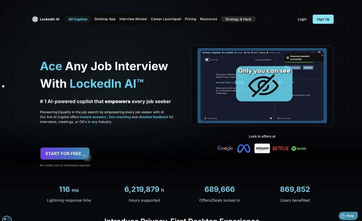 LockedIn AI screenshot - Productivity interface and features overview