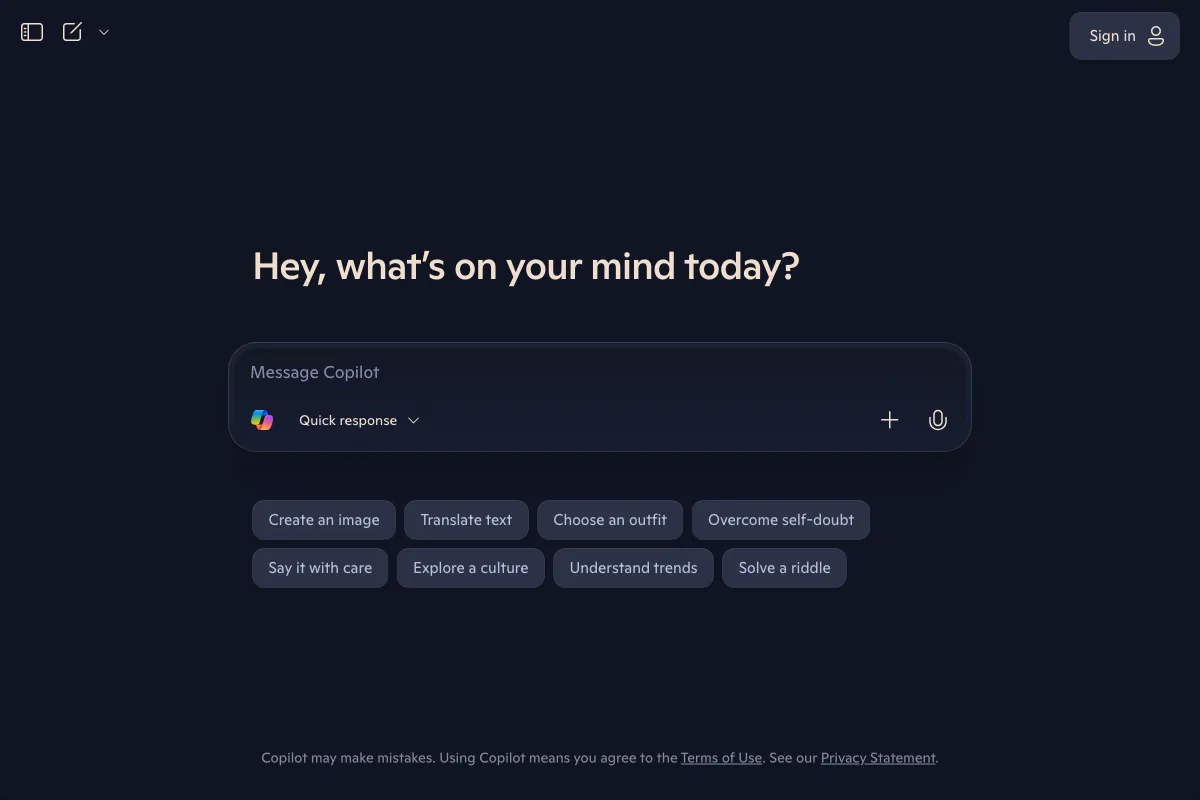 Microsoft Copilot screenshot - Productivity interface and features overview
