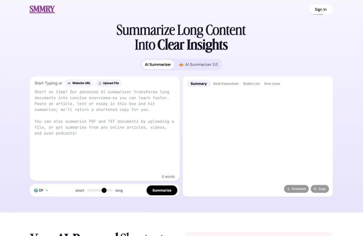SMMRY screenshot - Writing interface and features overview