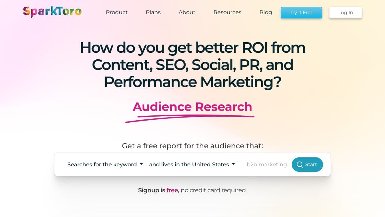 SparkToro screenshot - Marketing interface and features overview