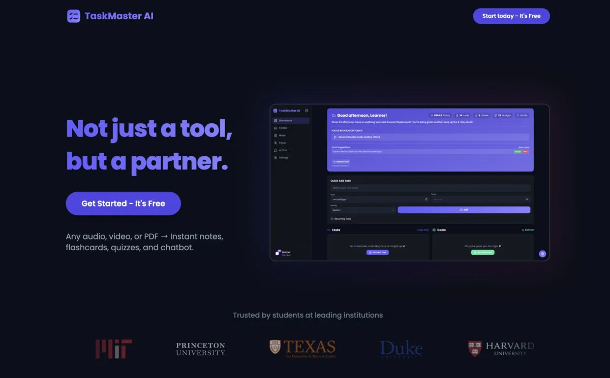 Taskmaster AI screenshot - Productivity interface and features overview