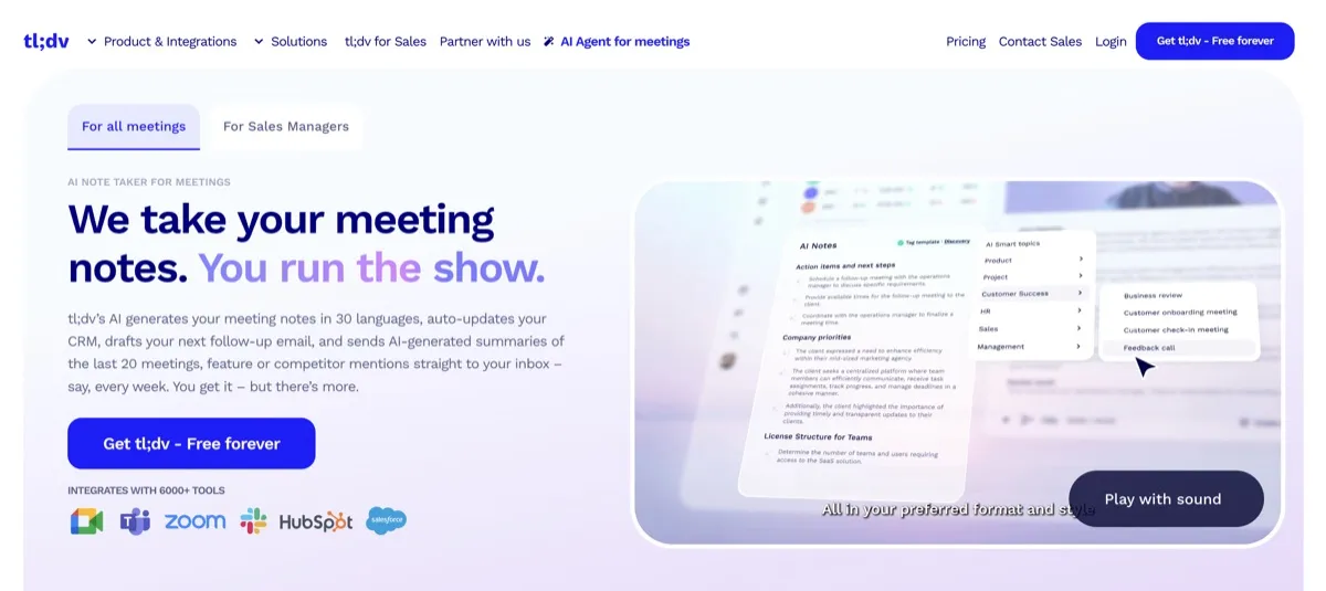 tl;dv screenshot - Productivity interface and features overview