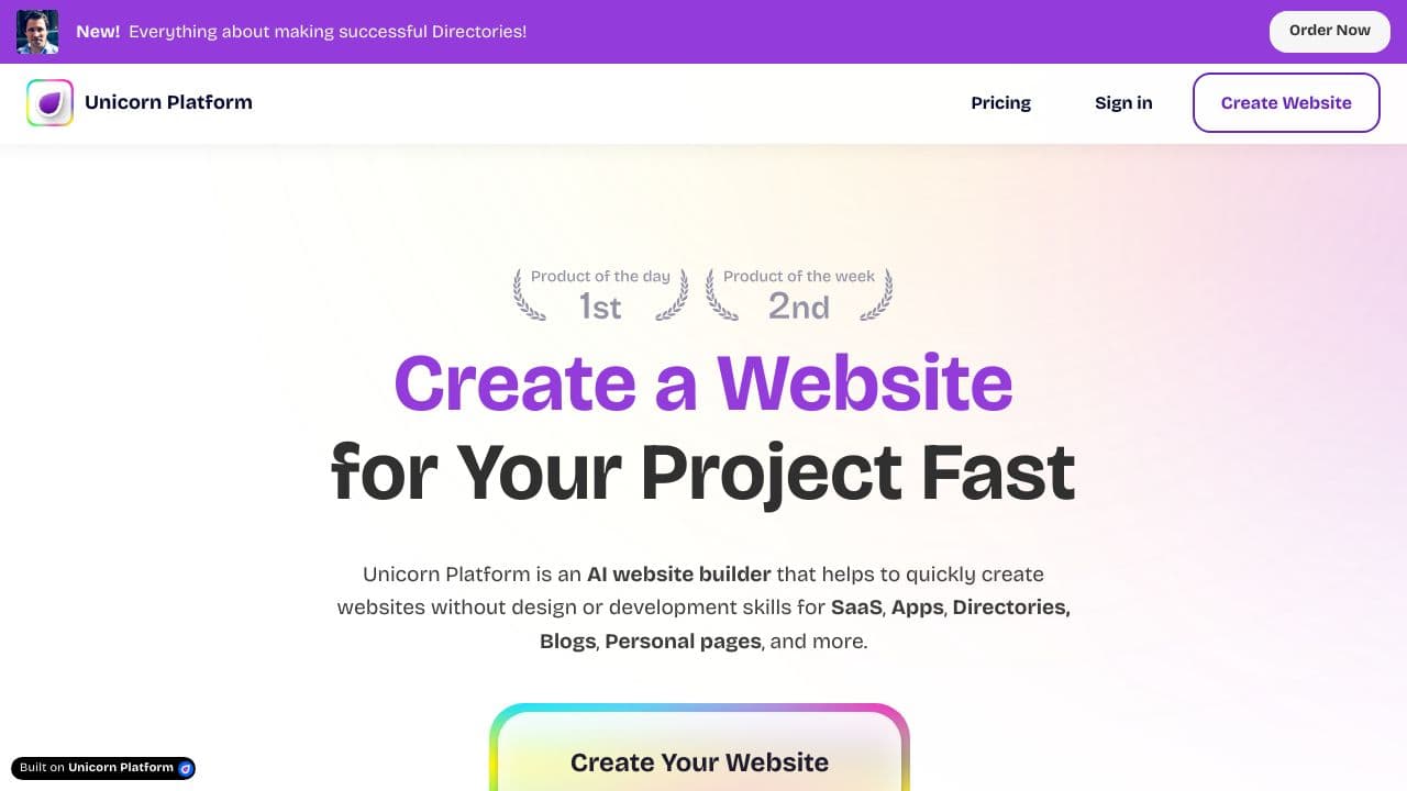 Unicorn Platform screenshot - Design & Creative interface and features overview
