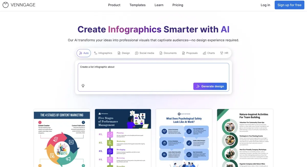 Venngage screenshot - Design interface and features overview